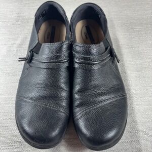 Clarks Black Leather Slip On Shoes Women's Size 9.5 M‎ Comfort Cushioned Loafers